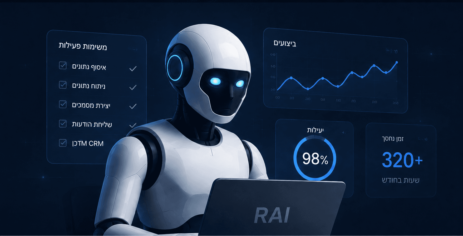 עובד דיגיטלי של RAI עובד מול מחשב נייד, מוקף בלוחות נתונים של משימות, ביצועים ויעילות